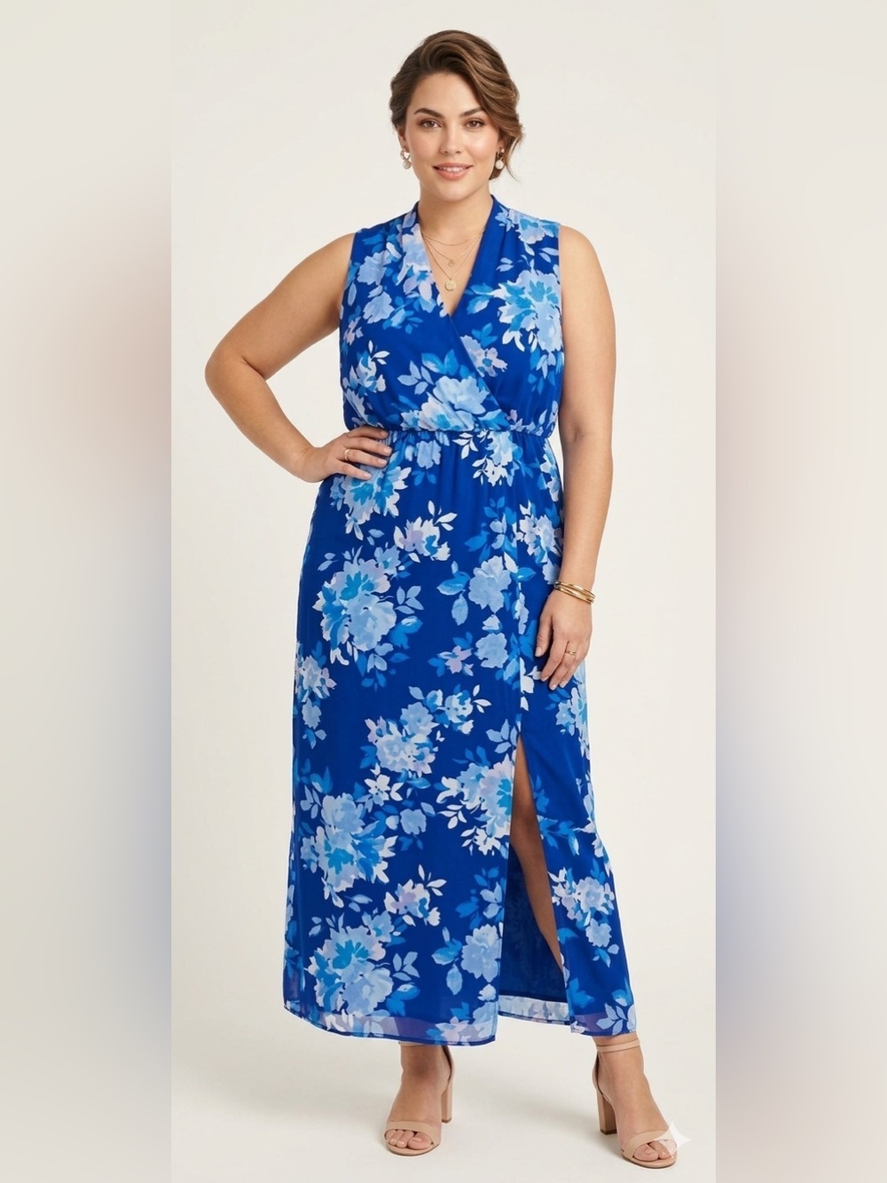 Jessica Howard Plus Size 16W Blue Floral Sleeveless Maxi Dress V-Neck Surplice